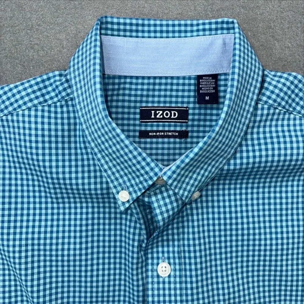 IZOD Button Down Shirt Mens M Blue Teal Gingham Non-Iron Stretch Long Sleeve